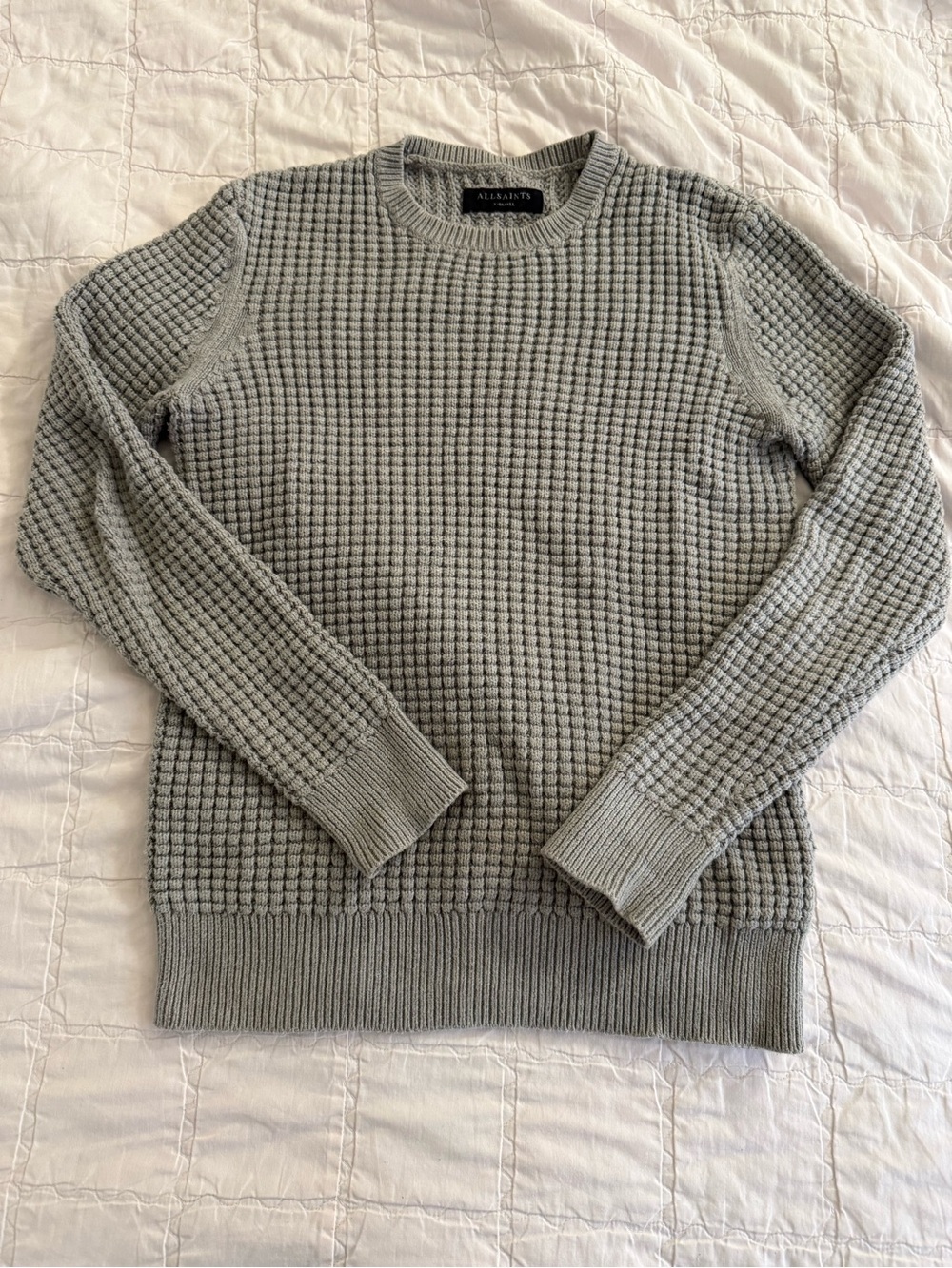 All Saints Men’s Light Gray Waffle-Knit Textured Crewneck Sweater